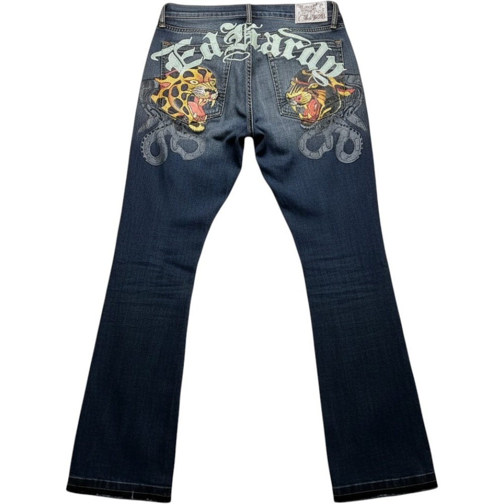 Ed Hardy Stacked Boot Jeans Mens 37x37 Blue Tattoo Graphic Denim Pants Tiger